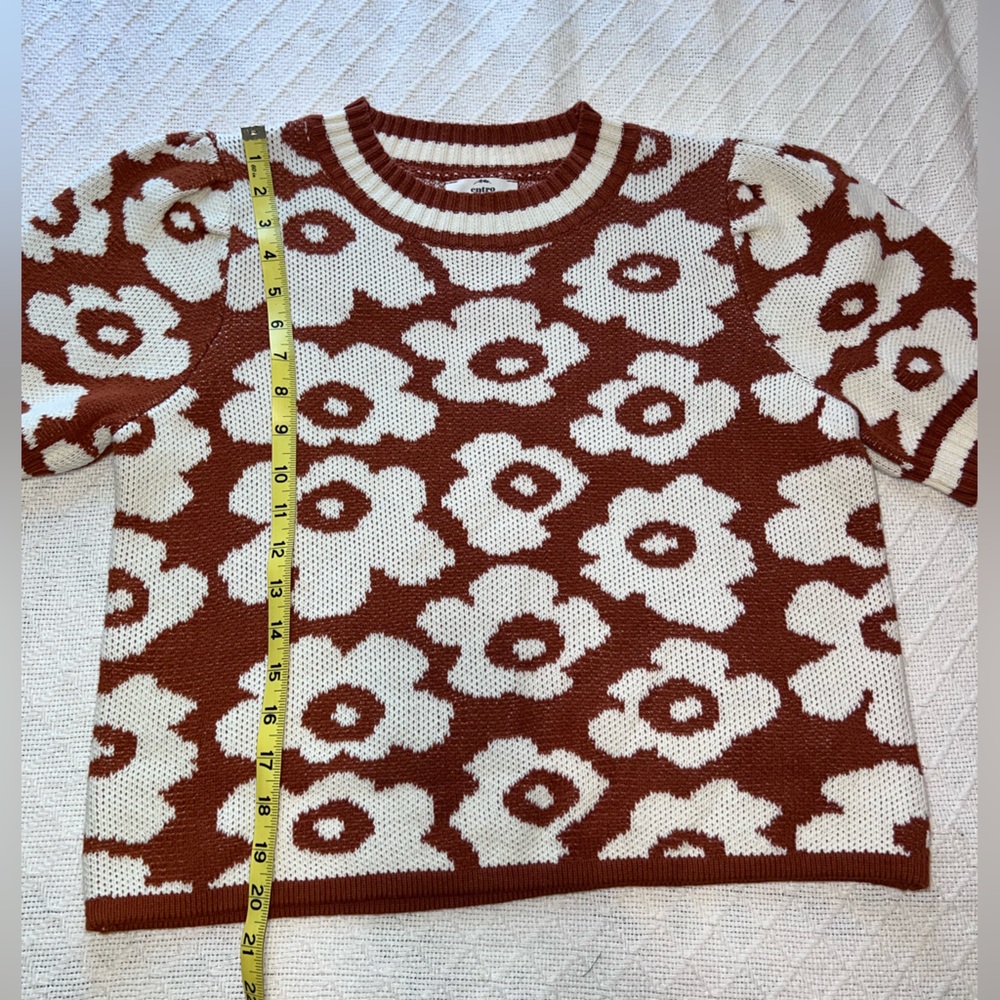 Entro Floral Knit Sweater Top Size M Brown Cream Retro Puff Sleeve - Picture 6 of 8